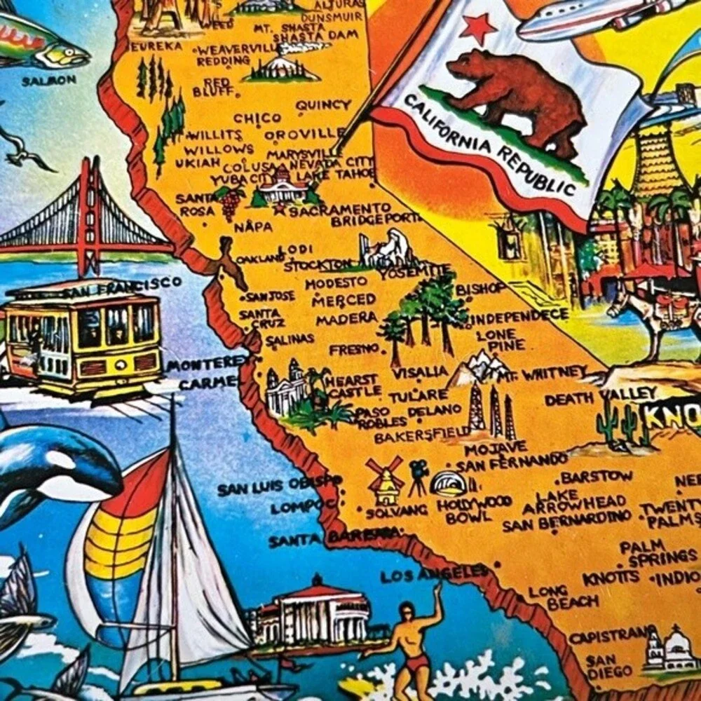 VTG United States CALIFORNIA State Themed State Map Ashtray Serving Tray 1950s